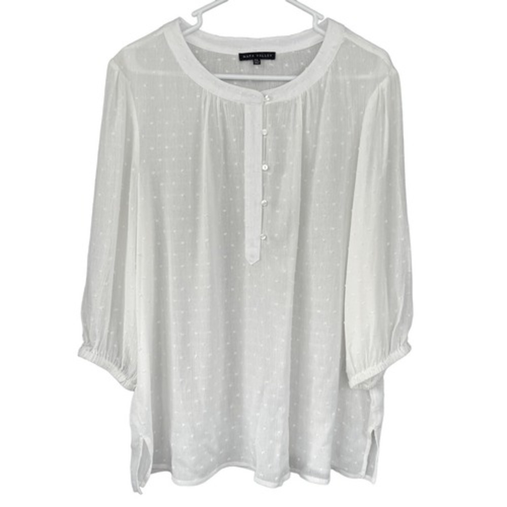 T7 Napa Valley Blouse White Swiss Dot Henley 3/4 Sleeve Boho Petite XL PXL Top
